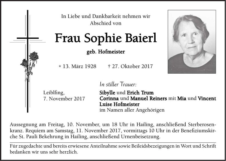 Traueranzeige Sophie Baierl