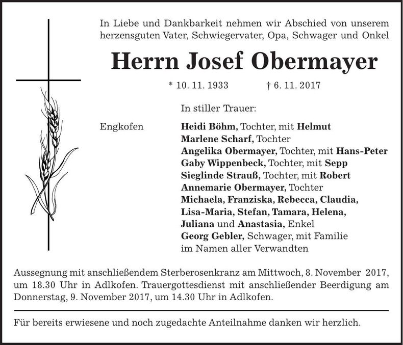 Traueranzeige Josef Obermayer