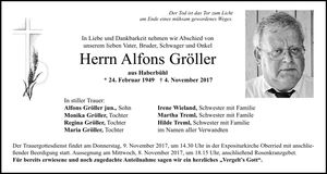Traueranzeige Alfons Gröller