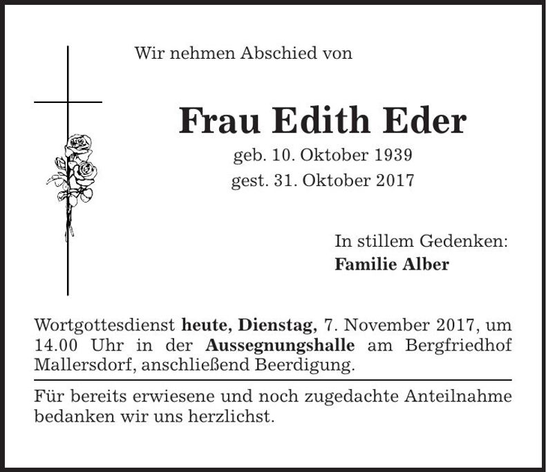 Traueranzeige Edith Eder