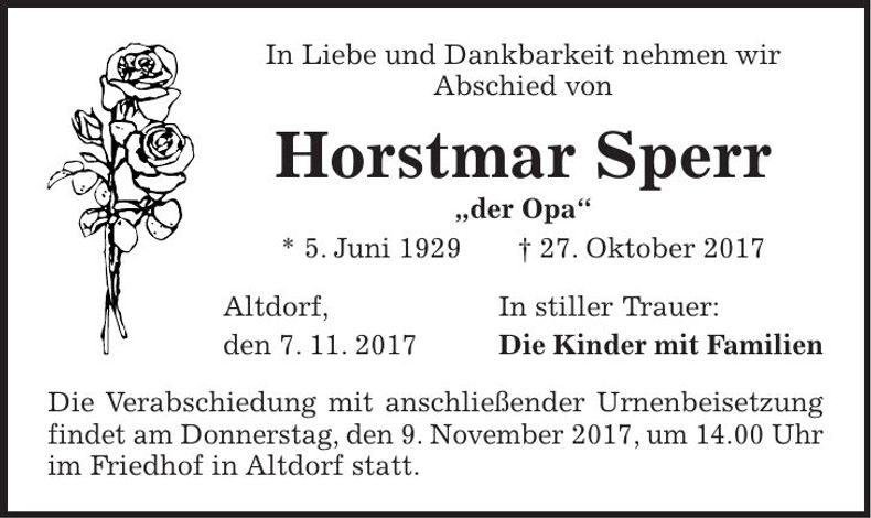 Traueranzeige Horstmar Sperr