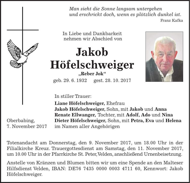 Traueranzeige Jakob Höfelschweiger