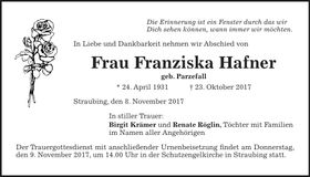 Traueranzeige Franziska Hafner