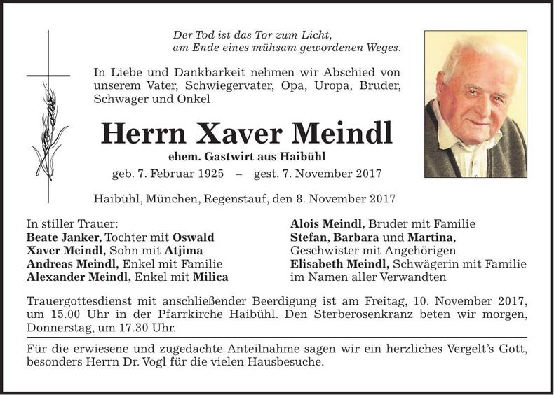 Traueranzeige Xaver Meindl