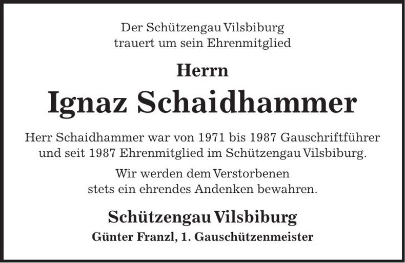 Traueranzeige Ignaz Schaidhammer