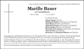 Traueranzeige Marille Bauer