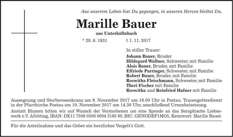 Traueranzeige Marille Bauer