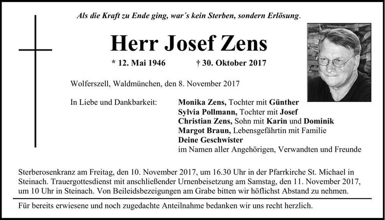 Traueranzeige Josef Zens