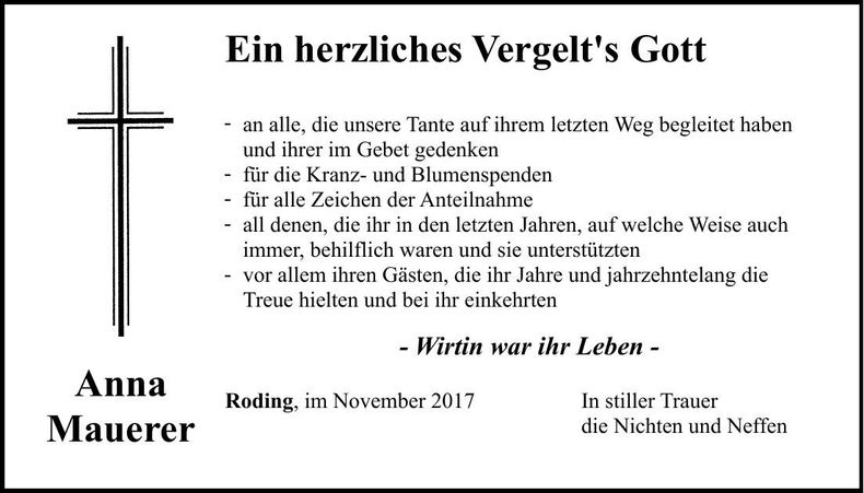Traueranzeige Anna Mauerer