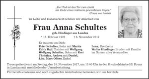 Traueranzeige Anna Schultes