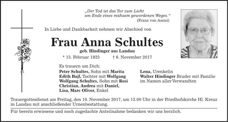 Traueranzeige Anna Schultes