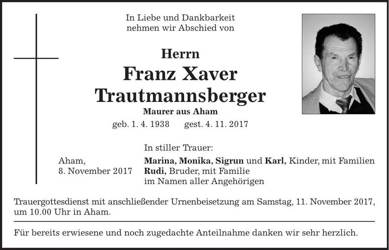 Traueranzeige Franx Xaver Trautmannsberger