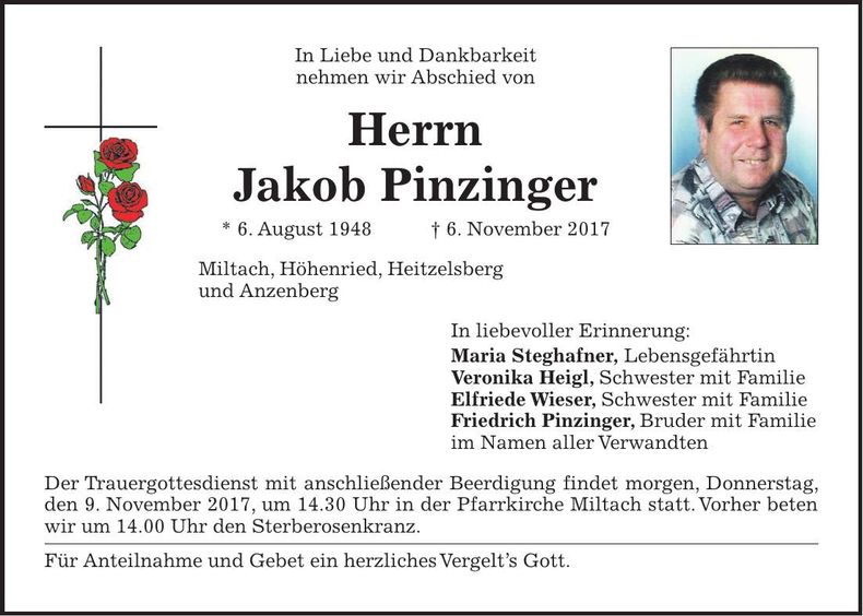 Traueranzeige Jakob Pinzinger