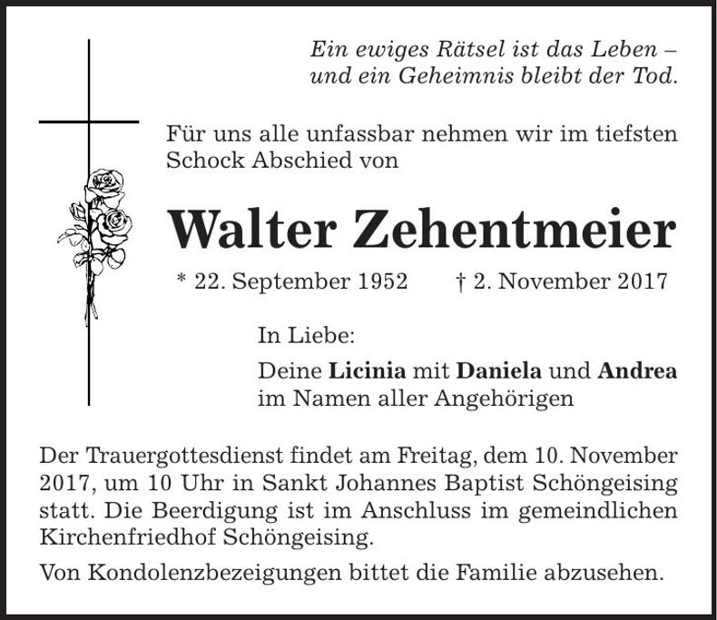 Traueranzeige Walter Zehentmeier