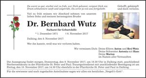 Traueranzeige Bernhard Wutz