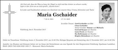 Traueranzeige Maria Gschaider