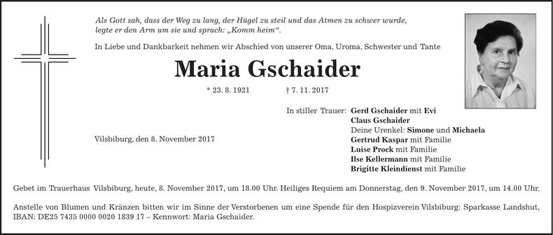 Traueranzeige Maria Gschaider