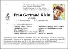 Traueranzeige Gertraud Klein