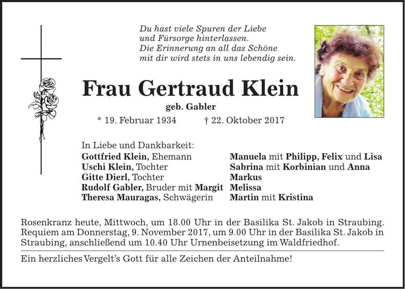 Traueranzeige Gertraud Klein