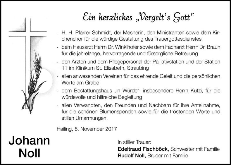 Traueranzeige Johann Noll