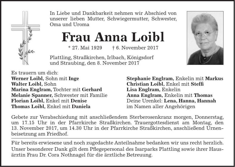 Traueranzeige Anna Loibl