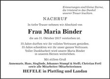 Traueranzeige Maria Binder