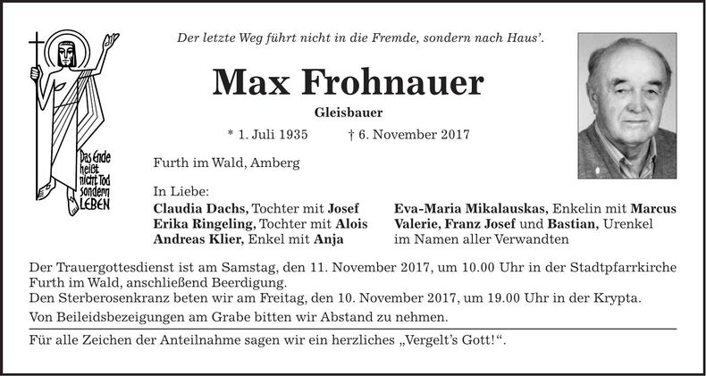 Traueranzeige Max Frohnauer