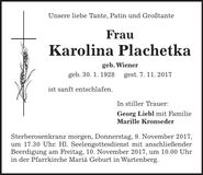 Traueranzeige Karolina Plachetka