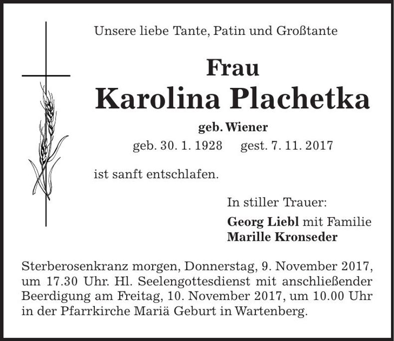 Traueranzeige Karolina Plachetka