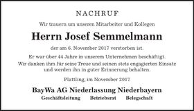 Traueranzeige Josef Semmelmann