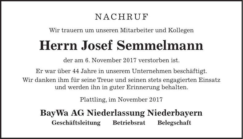 Traueranzeige Josef Semmelmann