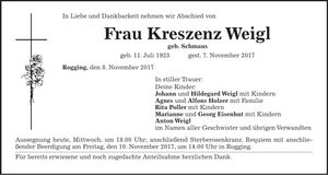 Traueranzeige Kreszenz Weigl