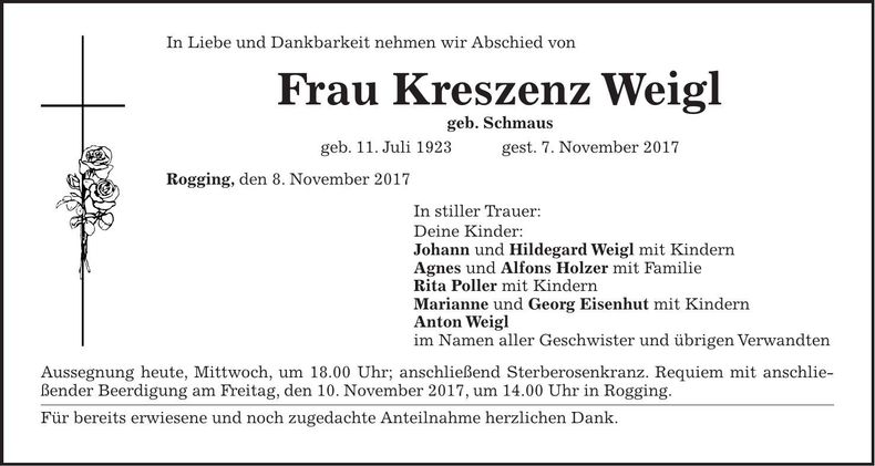 Traueranzeige Kreszenz Weigl