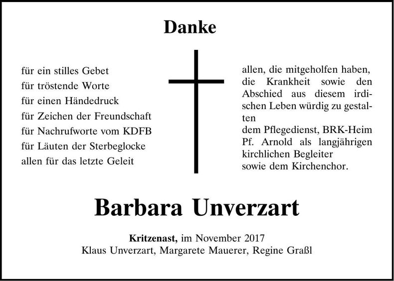Traueranzeige Barbara Unverzart