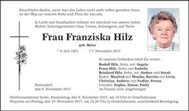 Traueranzeige Franziska Hilz