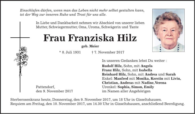 Traueranzeige Franziska Hilz