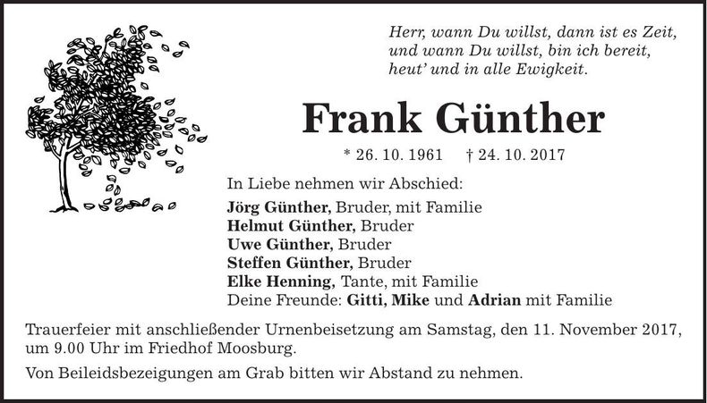 Traueranzeige Frank Günther