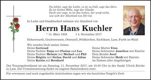 Traueranzeige Hans Kuchler