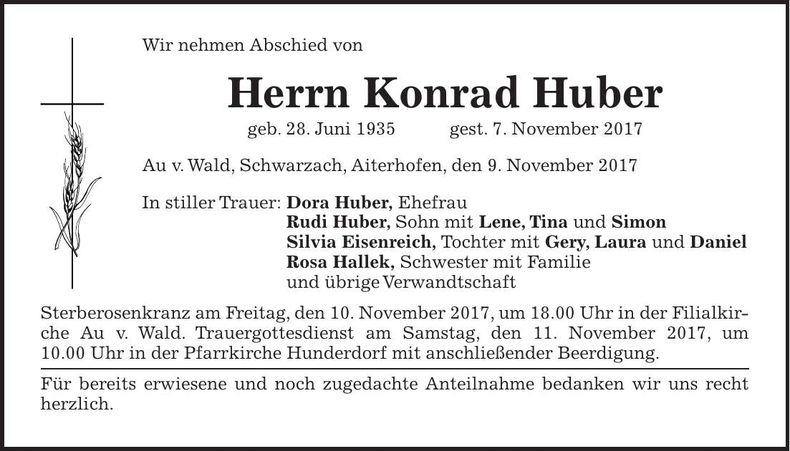 Traueranzeige Konrad Huber
