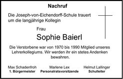 Traueranzeige Sophie Baierl