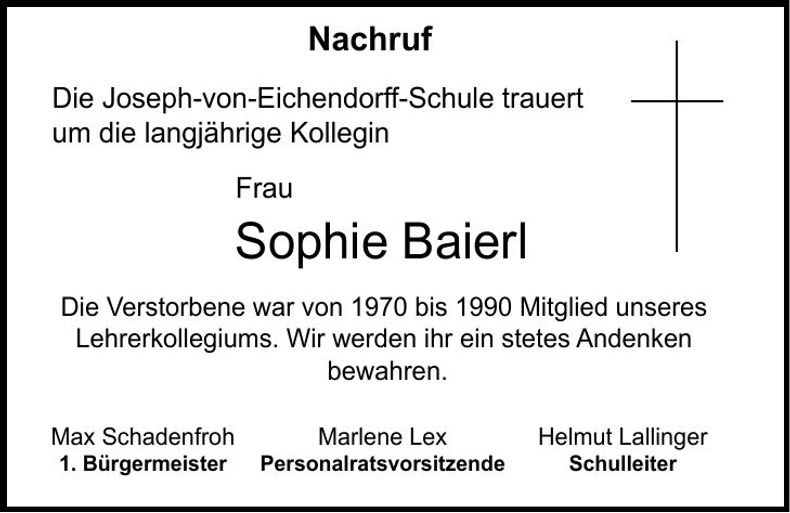 Traueranzeige Sophie Baierl