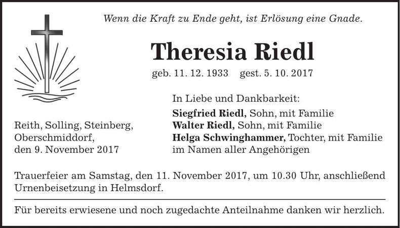 Traueranzeige Theresia Riedl