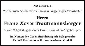 Traueranzeige Franz Xaver Trautmannsberger