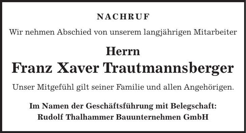 Traueranzeige Franz Xaver Trautmannsberger