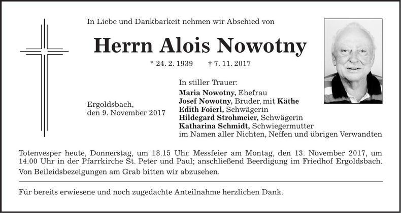 Traueranzeige Alois Nowotny