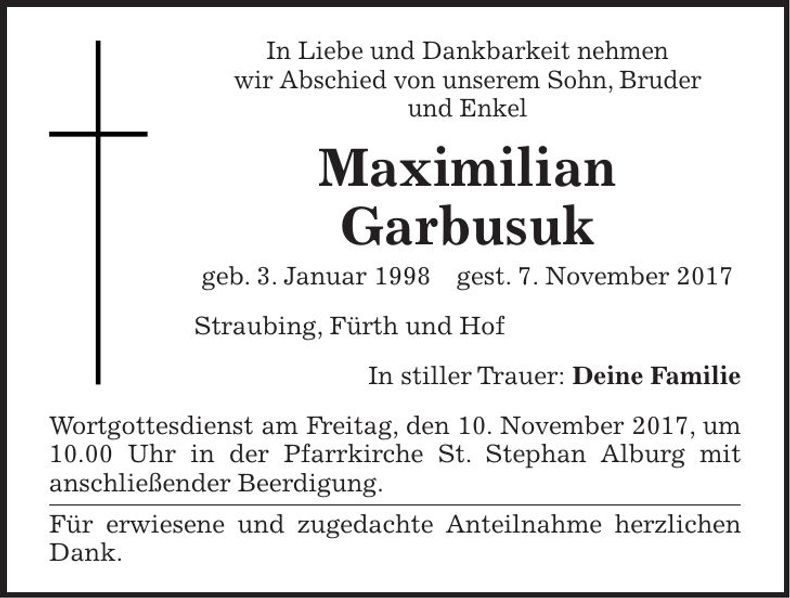 Traueranzeige Maximilian Garbusuk