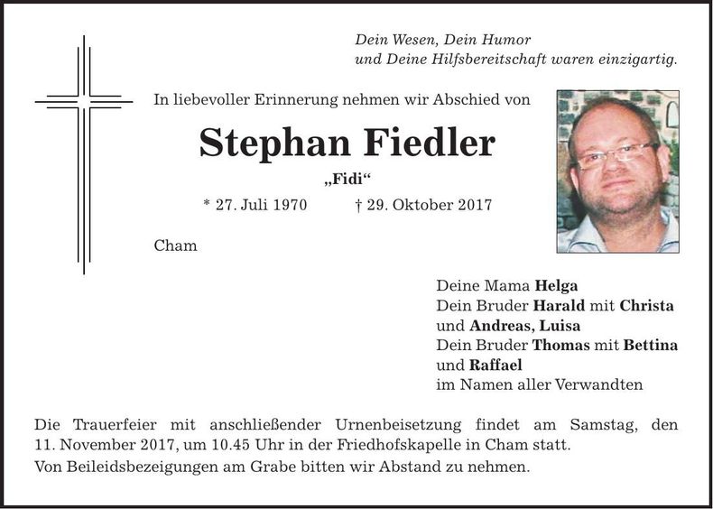 Traueranzeige Stephan Fiedler