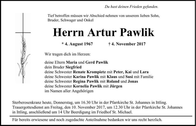 Traueranzeige Artur Pawlik