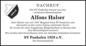 Traueranzeige Alfons Halser