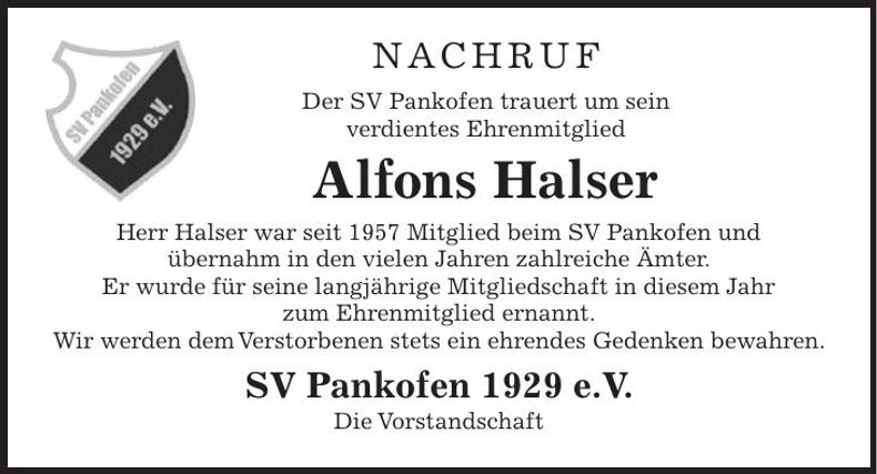 Traueranzeige Alfons Halser